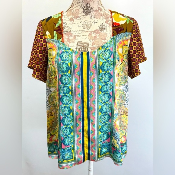 ODDY Tops - ODDY Yellow and Blue multi graphic print silky top size M